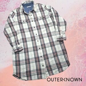 Outerknown Women's LS Blanket Shirt Dress Organic Cotton White Black Plaid M